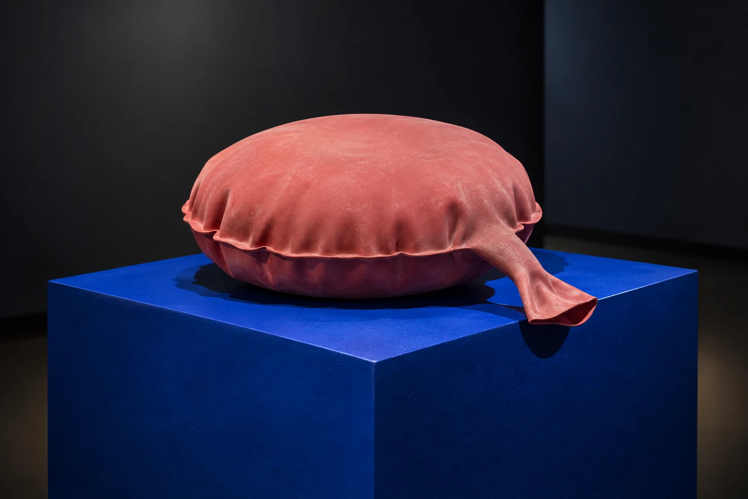 Concept artwork of a pink whoopee cushion displayed on a cobalt pedestal
